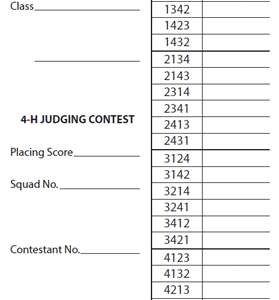Placing and Oral Reason Card--4-H Judging Contest