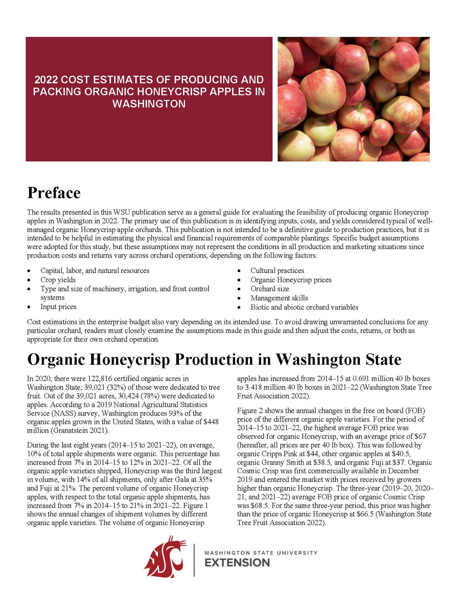 2022 Cost Estimates of Producing and Packing Organic Honeycrisp Apples in Washington
