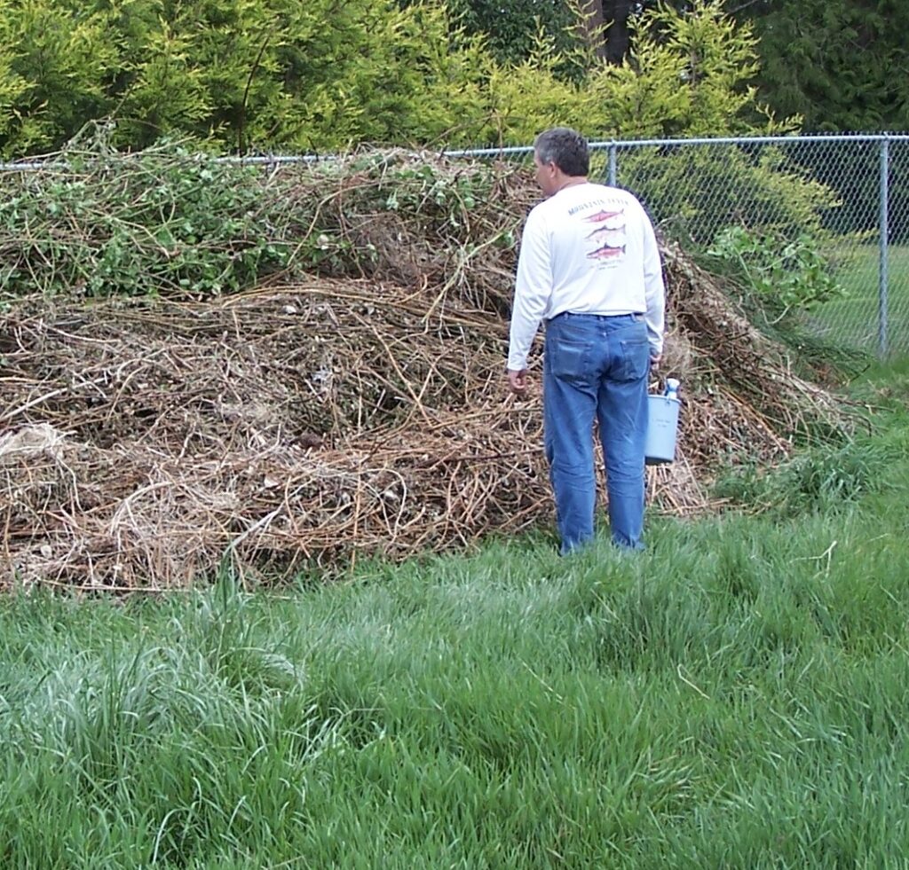 A person surveys a mound of organic debris piled against fence.