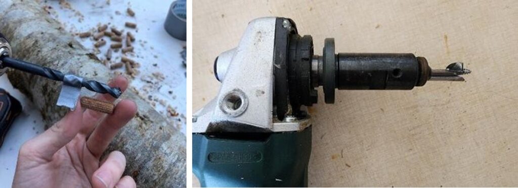 On the left, a drill bit marked with a tag at 1-inch, which is the length of the plug shown. On the right, a modified drill bit attached to an angle grinder.