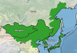 Map showing the native range of emerald ash borer across parts of eastern Asia, highlighted in green.