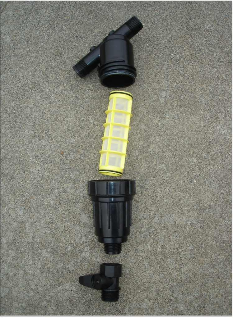 screen filter with separated components aligned vertically: top housing, yellow mesh filter, main body, and bottom fitting.