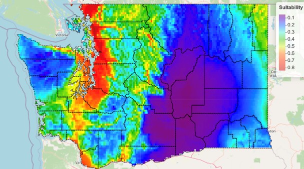 Mapa de calor que muestra la idoneidad del hábitat del pequeño escarabajo de la colmena, con áreas más aptas en tonos cálidos