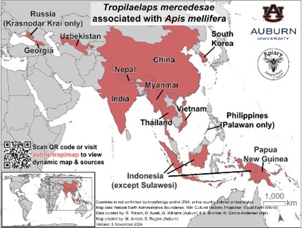 Distribución estimada actual de Tropilaelaps mercedesae en relación con Apis mellifera, basada en confirmaciones moleculares y morfológicas de estudios revisados por pares.