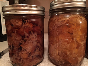 Two sealed jars of processed pork chunks: the jar on the left shows hot-packed pork in darker cooking juices, while the jar on the right contains raw-packed pork surrounded by lighter natural juices and fat.