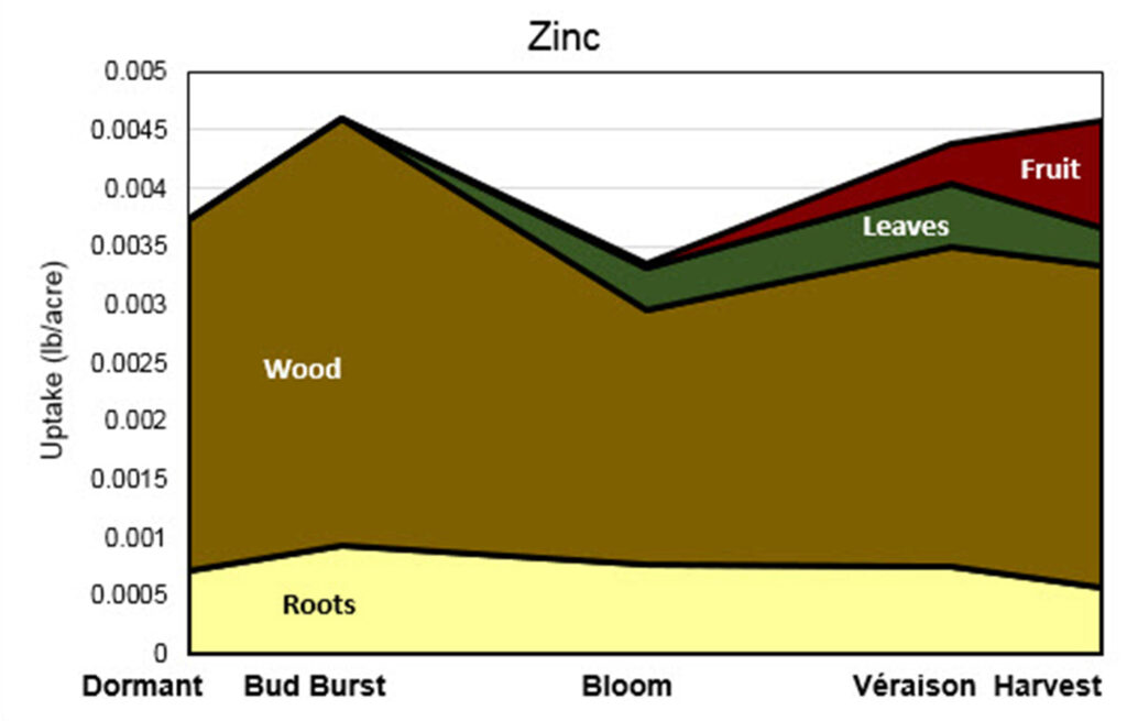 Stacked area graph titled “Zinc” showing zinc uptake (lb/acre) from Dormant to Harvest. Uptake peaks at bud burst, declines at bloom, and then rises gradually toward harvest, with fruit contributing later in the season.