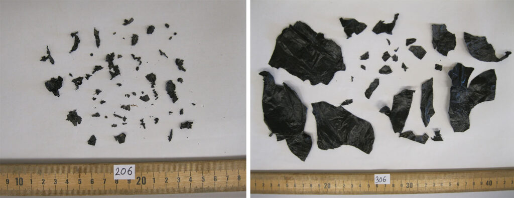 Comparison between two kinds of biodegradable mulch after six months of soil incorporation. Left photo: very small black particles of Naturecycle mulch which is 20% biobased. Right photo: larger chunks of black plastic particles of experimental PLA/PHA mulch which is 86% biobased.