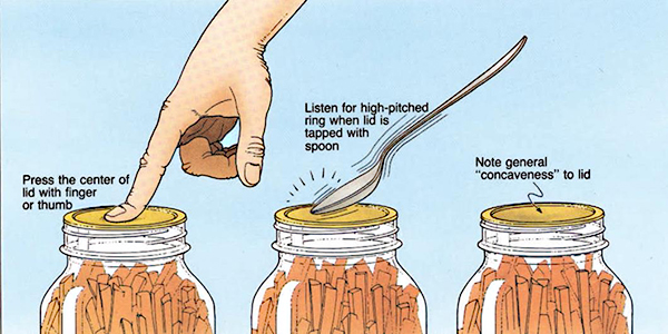Illustration showing three ways to test canning jar seals: pressing the center of the lid, tapping the lid with a spoon to hear a high-pitched ring, and checking that the lid is slightly concave.