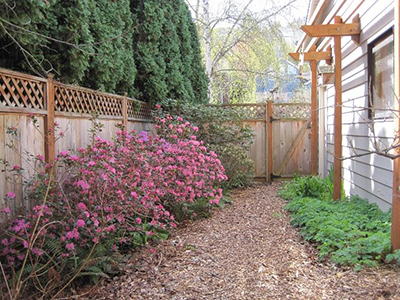 Garden pathway mulched with coarse arborist wood chips, bordered by healthy landscape plants including flowering shrubs and groundcovers.