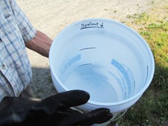 Someone holds up a bucket with lines drawn at intervals. Arrow at the top points to a line with the word "gallons" written next to it.