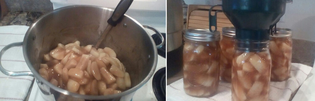 The prepared pie filling is very thick in the left-hand image. Jars are carefully being filled using a wide-mouthed funnel in the right-hand image.