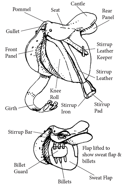 Drawing of an English saddle with parts named