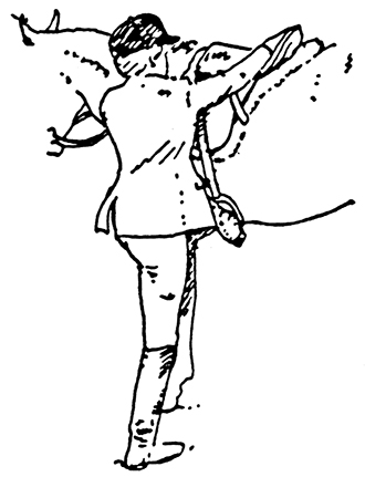 Drawing of had and foot positions for mounting horse with an English saddle