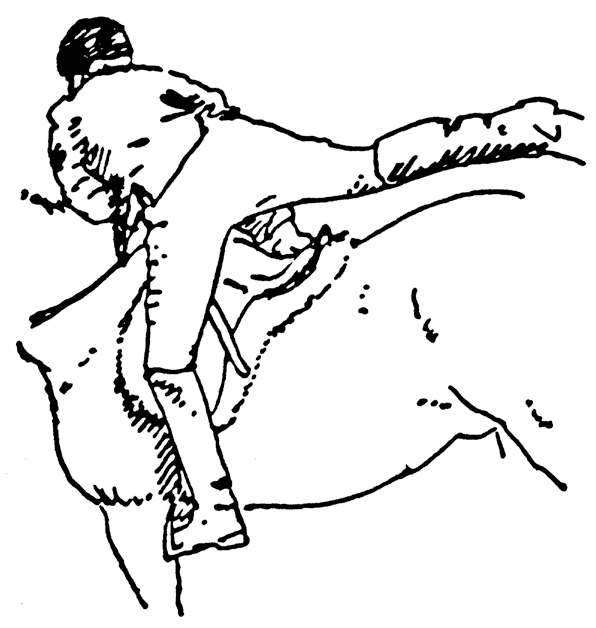 Drawing of person swinging their leg over the horse's back while mounting an English saddle