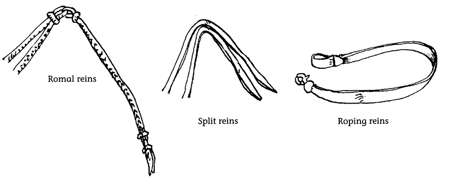 Drawing of three types of western reins