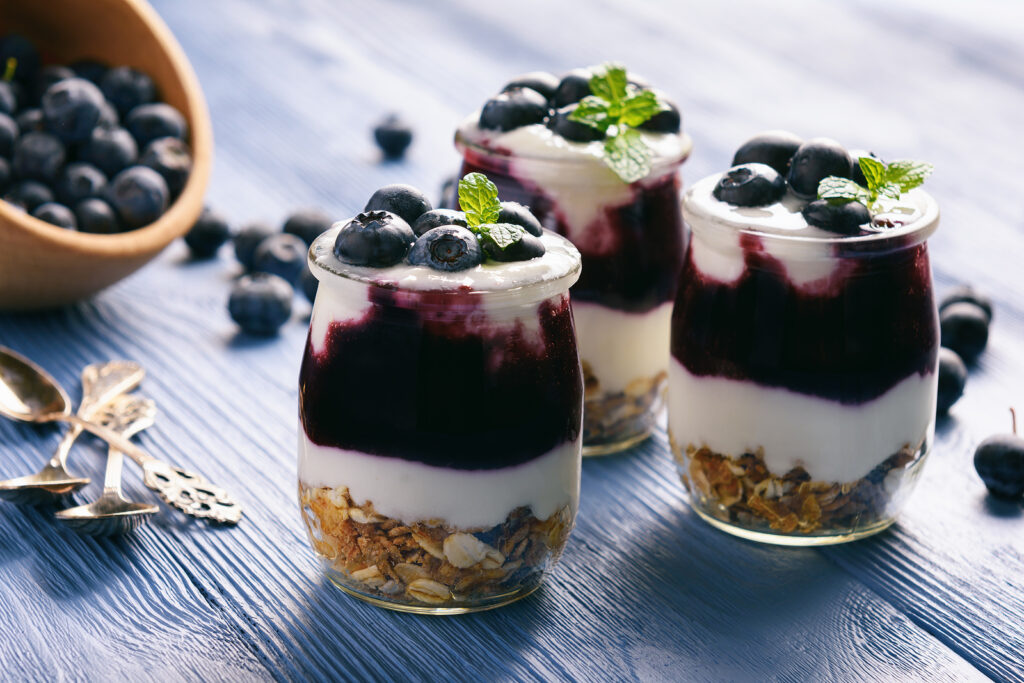 Close-up of three parfaits.