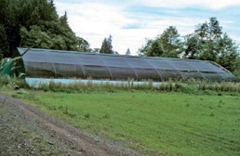 An outdoor greenhouse on a slight hill.