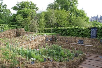 Stacked hay bales in a large garden support many green leafy plants.