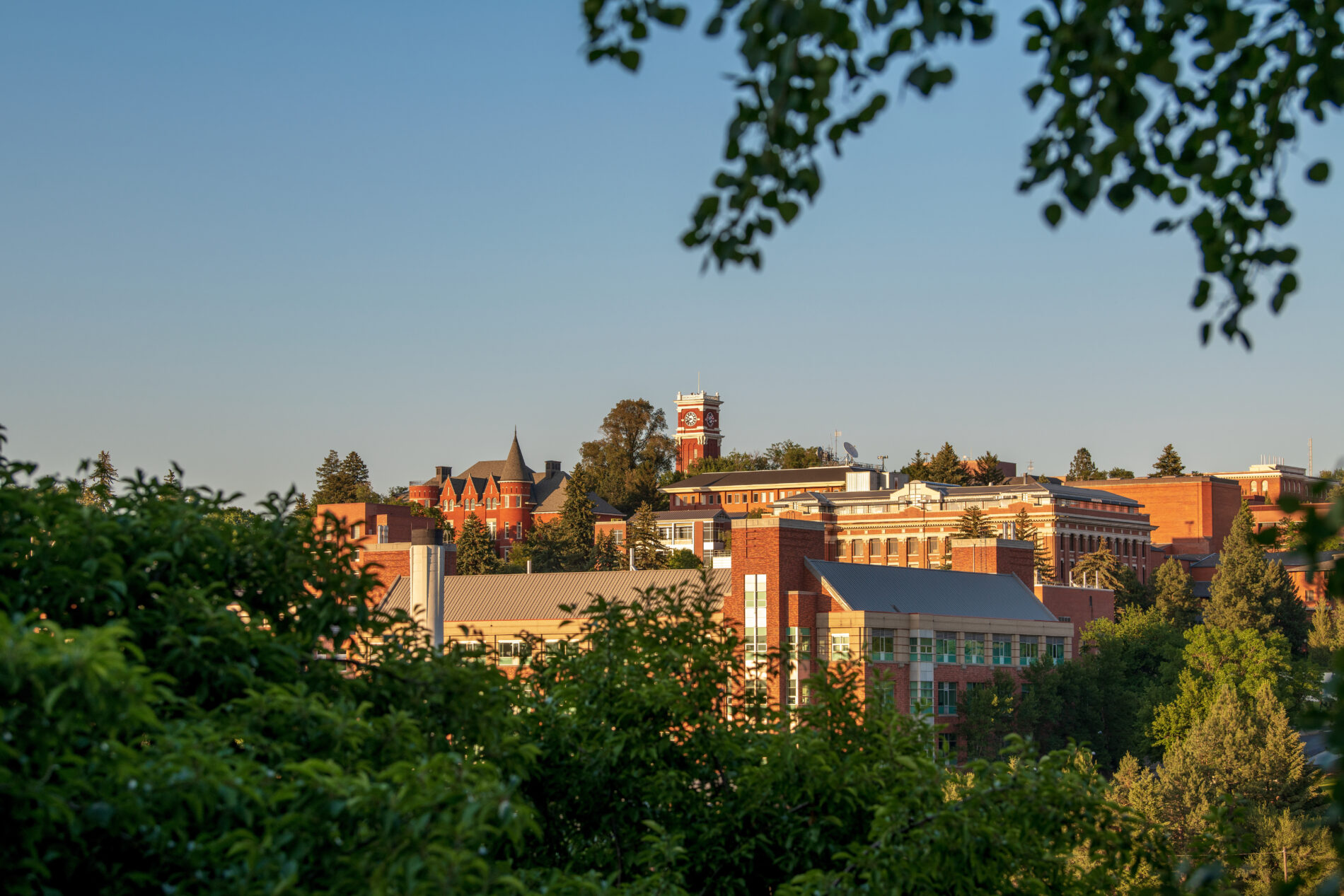 The Washington State University campus at sunset photographed from the southwest.