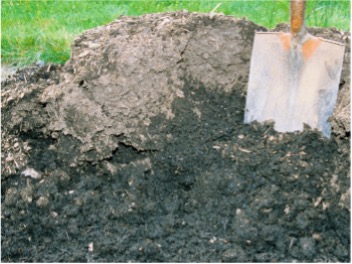 A shovel in the dirt where topsoil has been removed and compost has been added.