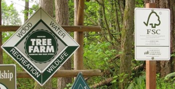 A diamond-shaped tree farm sign in a forest that reads: "Wood, Water, Wildlife, Recreation" and "Tree Farm" in the center.
