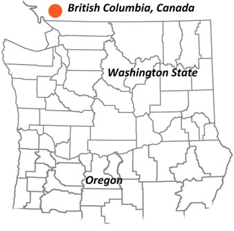 Map of the counties of Washington, Lower British Columbia, Upper Oregon, and Central Oregon.