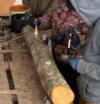 Two people brush wax onto inoculated holes.
