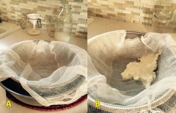 Two images. On the left, a cheese cloth lines a strainer in a bowl. On the right, the leftover yogurt cheese remains on the cloth, while the fluid is drained below into the same bowl.