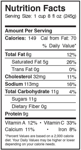 The nutrition label for 1 cup and 8 fluid ounces of yogurt.