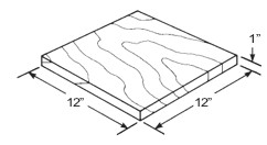 Perspective drawing of a rectangular wood block with each side marked 12 inches and the thickness marked 1 inch.