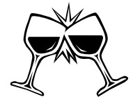 A cartoon of two wine glasses clinking to "cheers".