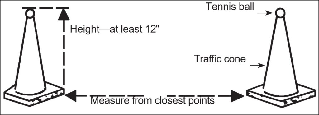 Cones-course measurement diagram showing two traffic cones topped with tennis balls, labeled with minimum height of 12 inches and measurement taken between the closest points of the cones.