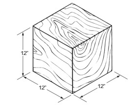 Three-dimensional wooden cube labeled “Cubic foot,” with each dimension marked 12 inches.