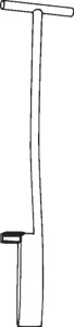 Long, narrow metal planting tool with a pointed and flat lower end and a horizontal handle near the top.