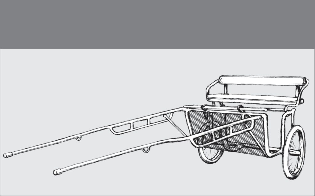 Two-wheeled cart with low, open seating and forward shafts designed to make mounting and driving easier.
