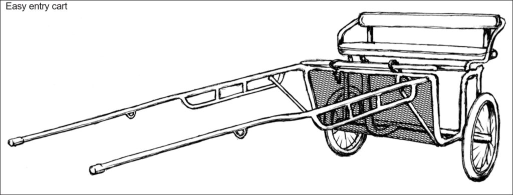 Two-wheeled cart with low, open seating and forward shafts designed to make mounting and driving easier.