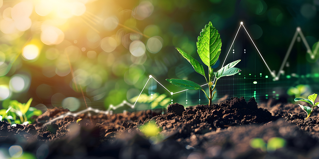 Seedling sprouting from the ground with a financial graph overlay representing profit growth.