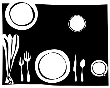 A cartoon of a table setting. In the top, a serving dish and a small butter and bread plate. From left to right in the bottom, a napkin, a small fork, a larger fork, a plate, a knife, a spoon, and a teacup on a small dish.