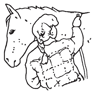 Drawing of where to place your right hand with the lead rope on the horse’s shoulder