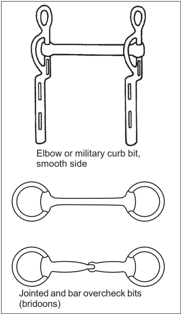 Elbow or military curb bit, smooth side, pictured as a metal curb bit with long shanks and a smooth mouthpiece, shown by itself. Jointed and bar overcheck bits (bridoons) pictured as two overcheck bits displayed side by side, one jointed and one solid-bar style, used with overcheck or sidecheck reins.