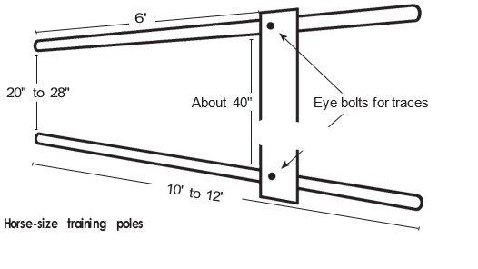 Construction diagram for training poles showing a wedge-shaped frame with dimensions labeled: 10' to 12' pole length, 6' crossbar position, 20" to 28" front spacing, about 40" rear spacing, and eye bolts for traces.
