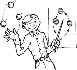 A cartoon of a boy juggling with one hand while his other hand holds a pointer towards a board that shows a juggling diagram.
