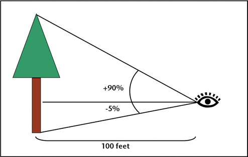 Tree height measurement diagram: from 100 ft away, an observer sights to the treetop (+90%) and base (−5%) with a clinometer to compute height.