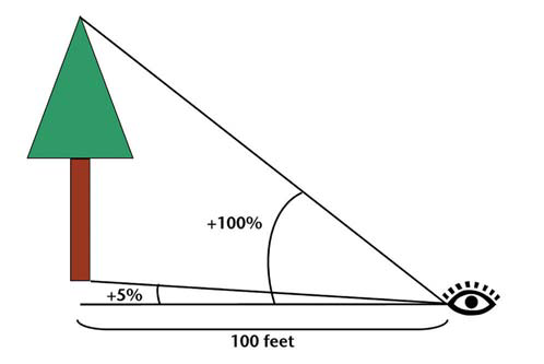 Clinometer diagram at 100 ft: sight to treetop = +100%, sight to base above eye level = +5%; tree height equals 100% − 5% = 95 ft.