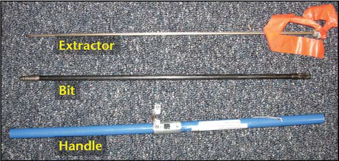Increment borer disassembled: top—extractor; middle—bit; bottom—handle with T-grip, each labeled.