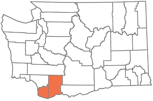 Outline map of Washington state counties with one county in the southwest region highlighted in orange.