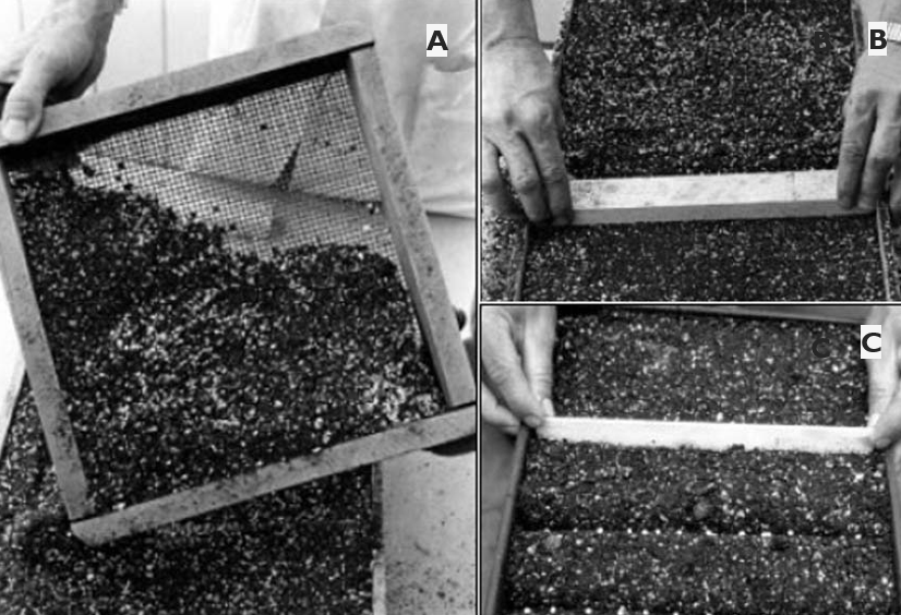 A three-panel demonstration shows soil being sifted through a screen and leveled in a planting tray.