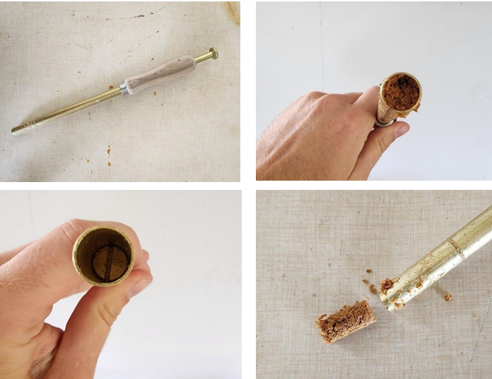 Top left: A large brass inoculator plunger with a wooden handle. Top right: The top view of brown sawdust filling the plunger chamber. Bottom left: An empty brass plunger, with a top hole about the width of a finger. Bottom right: A plug of sawdust coming out of a brass plunger. 