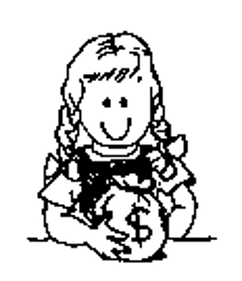 Simple gray cartoon of a smiling girl holding a bag with a dollar sign.