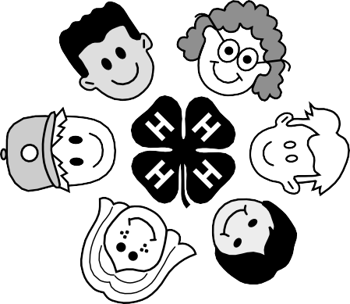 Black-and-white illustration of six children’s faces arranged in a circle around a 4-H clover emblem.